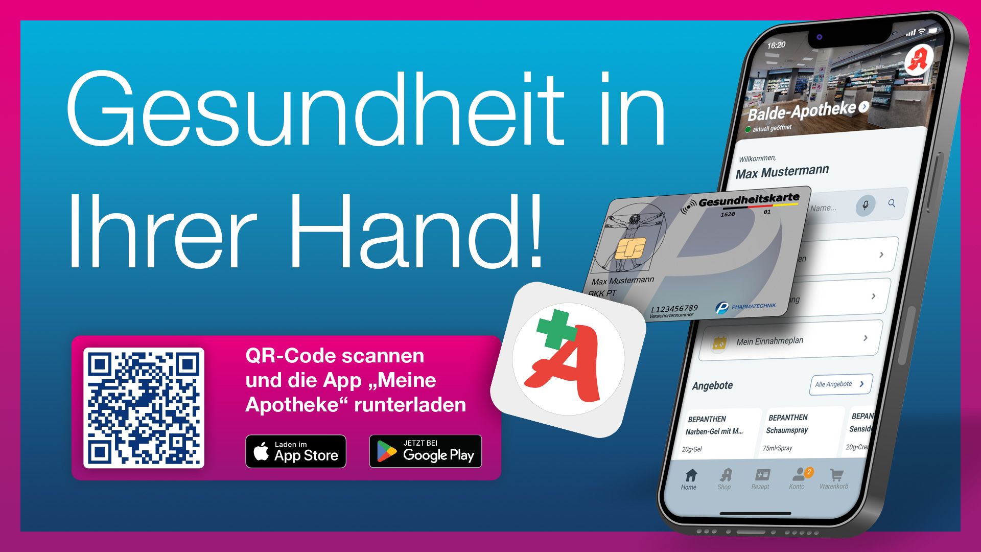 Abbildung Smartphone, Logos + QR Code, Meine Apotheke